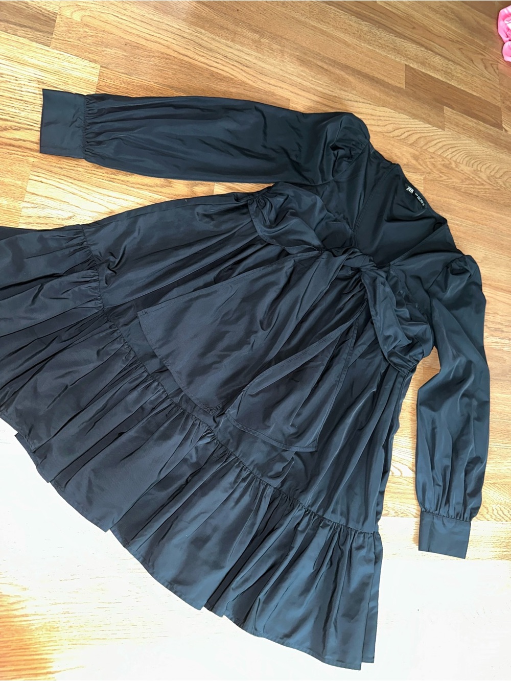 Zara Black Long-Sleeve bowtie Tiered Mini babydoll Dress - Picture 5 of 6